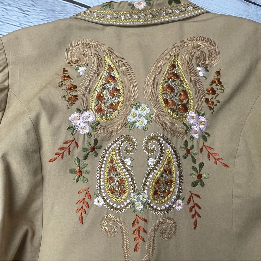 COLDWATER CREEK boho paisley floral embroidered tan coat jacket, size 14 - Picture 7 of 16